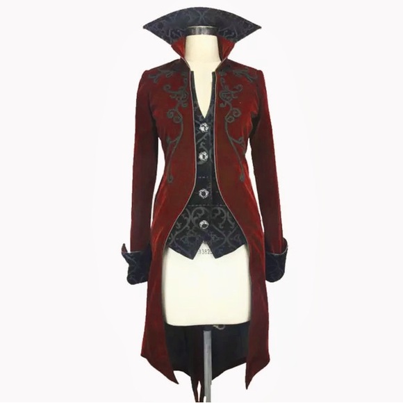 Devil Fashion Romantic Red Velvet Victorian Embroidered Steampunk Goth Jacket - Picture 2 of 9